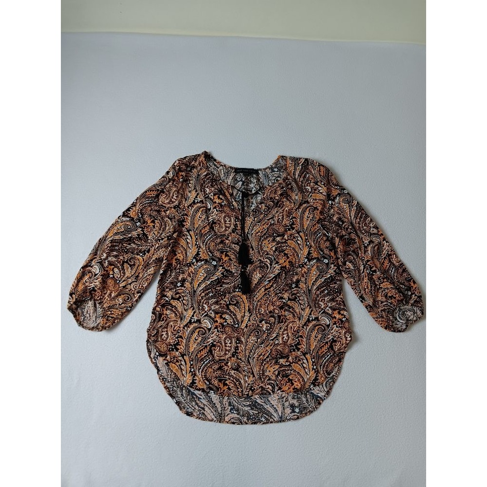 Joan Vass New York Womens M Paisley Boho Peasant Blouse Tassel Orange